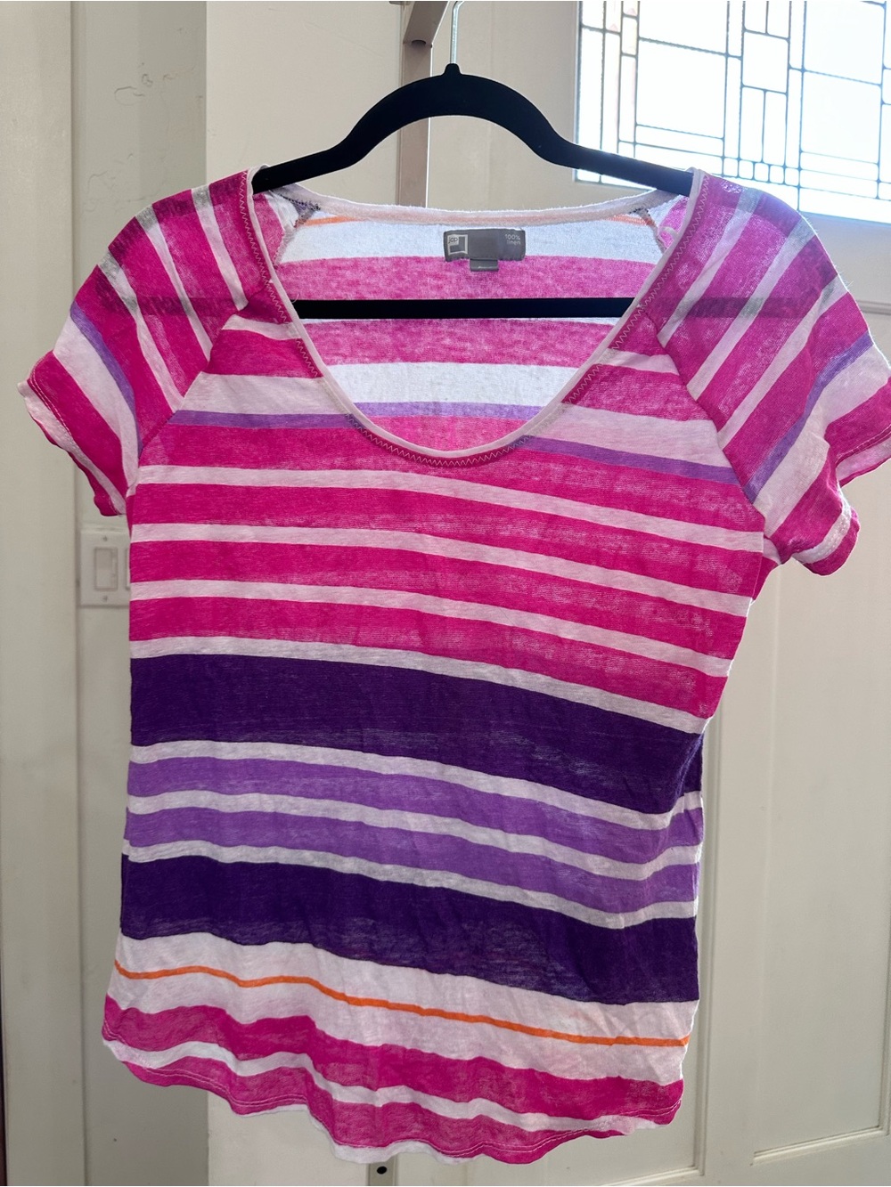JCP Linen Striped Scoop Neck Tee in Pink & Purple